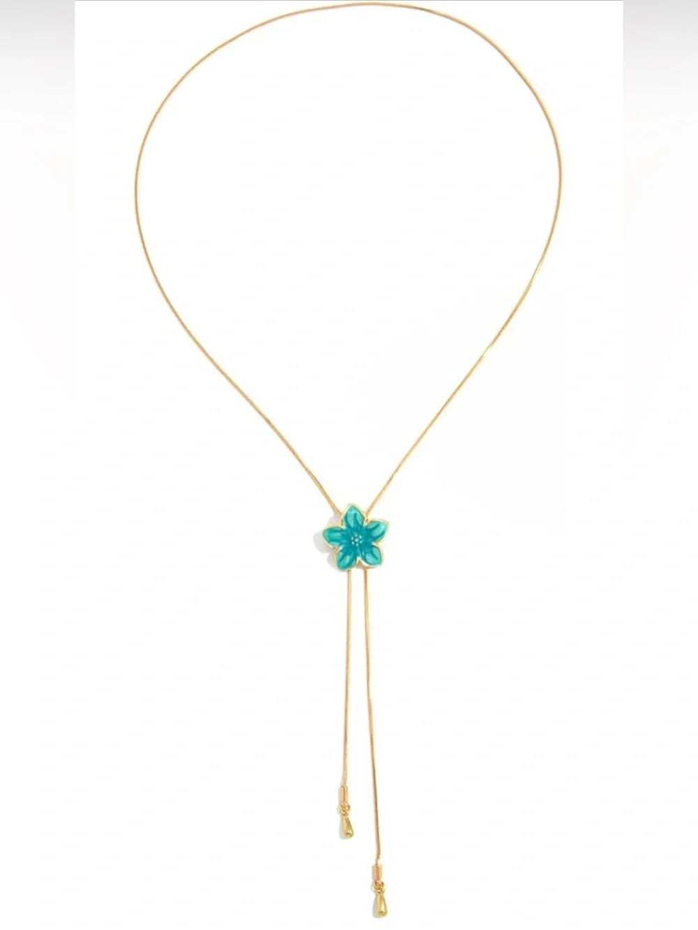 Gold Y Lariat Long Boho Necklace with Blue Flower Pendant